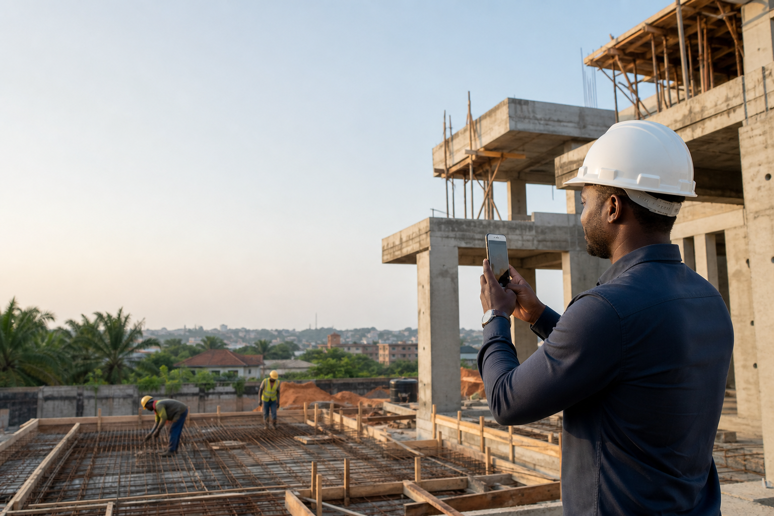 Chef de chantier documentant une construction résidentielle à Abidjan avec son téléphone