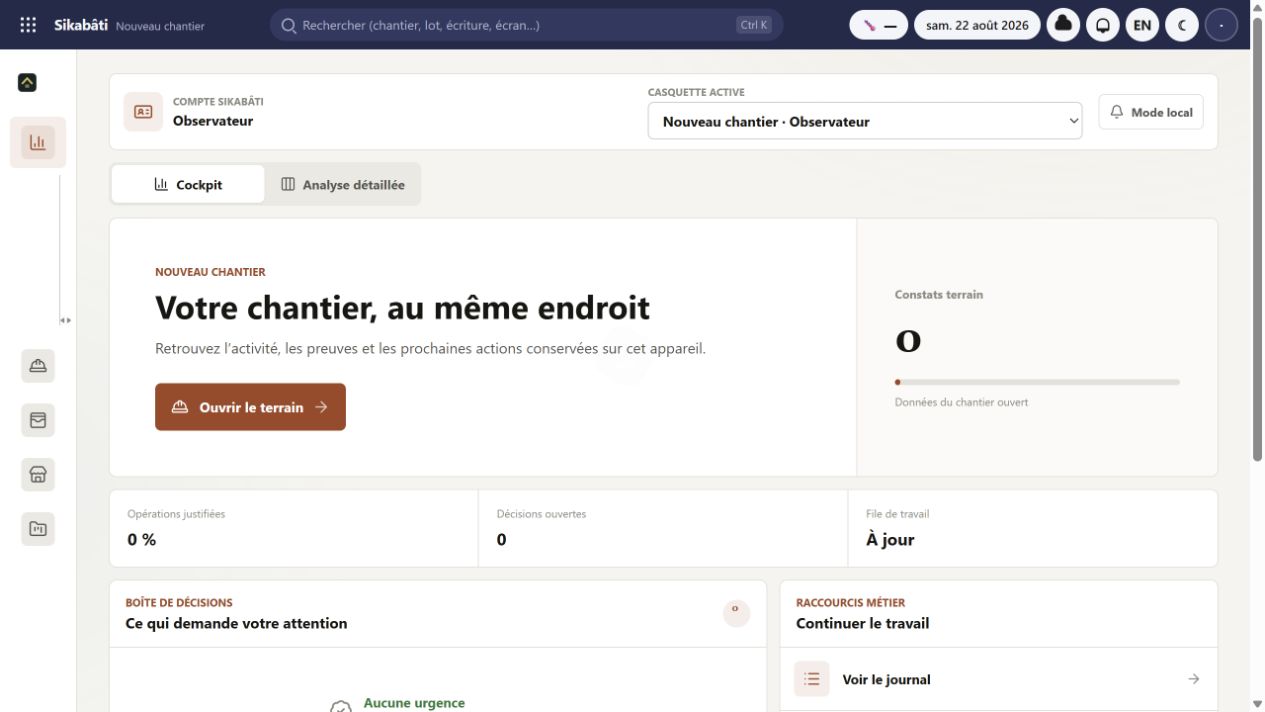 Interface de production vierge de Sikabâti, prête à accueillir le premier chantier